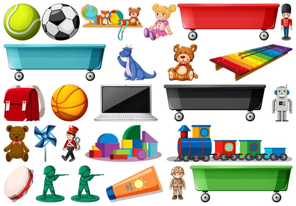 Raccolta di giocattoli tra cui palle sportive, bambola, computer, treno — Vettoriale Stock
