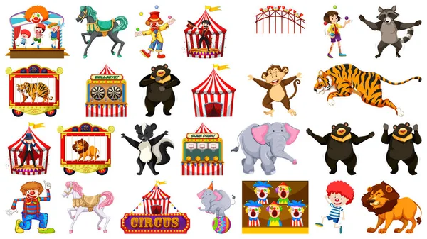 巨大的马戏团收藏与混合动物,人,小丑和ri — 图库矢量图片