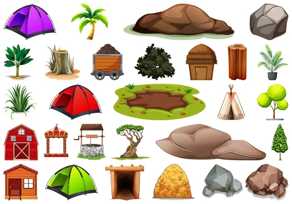 Collection d'objets et d'éléments végétaux sur le thème de la nature extérieure — Image vectorielle