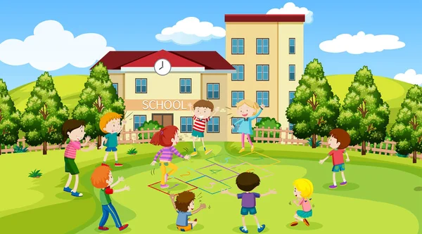 Niños activos jugando en escena al aire libre — Vector de stock