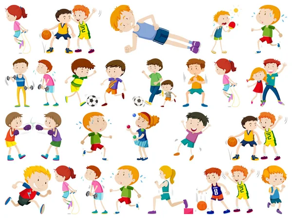 Kids exercising and being active in set — Stock Vector