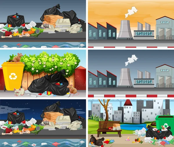 Set of polluted scenes — Stock Vector