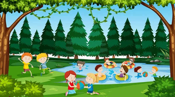Actieve kinderen spelen in outdoor scene — Stockvector
