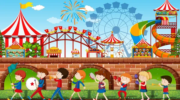 Niños activos jugando en escena al aire libre — Vector de stock