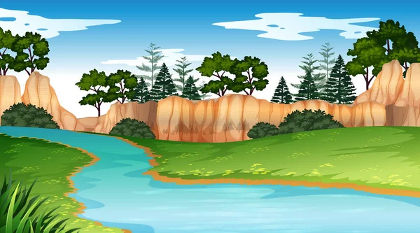 Escena fluvial con acantilados de fondo — Vector de stock