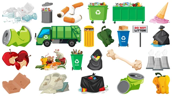 Pollution, litter, rubbish and trash objects isolated — Stock Vector
