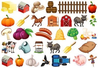 Hayvanlar, çiftçi, sığır ve çeşitli gıdalar ile çiftlik ve gıda seti