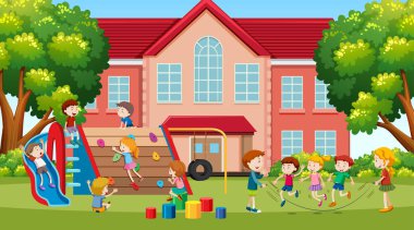 Aktif çocuklar, kızlar ve arkadaşlar açık havada spor aktiviteleri oynuyor