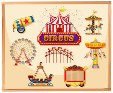 Canon, kafes, oyun ve binmek dahil poster için Circus elemanları