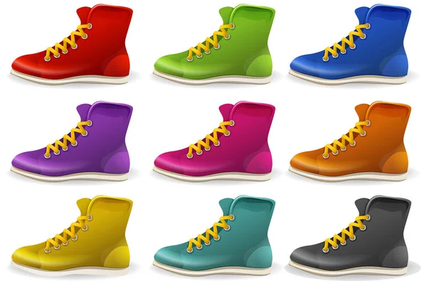 Ensemble de bottes colorées et montre isolé sur blanc — Image vectorielle