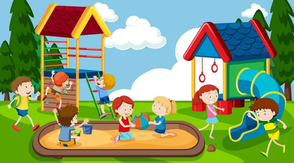 Niños y niñas activos practicando deporte y actividades divertidas al aire libre — Vector de stock