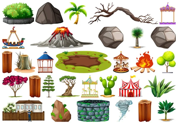 Collection d'objets et d'éléments végétaux sur le thème de la nature extérieure — Image vectorielle