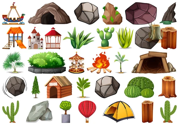 Collection of outdoor nature themed objects and plant elements — Stock Vector