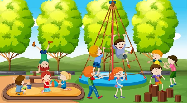 Niños y niñas activos practicando deporte y actividades divertidas al aire libre — Vector de stock