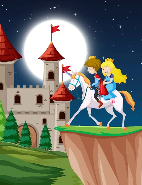 王子和公主骑幻想独角兽在晚上与月亮 — 图库矢量图片
