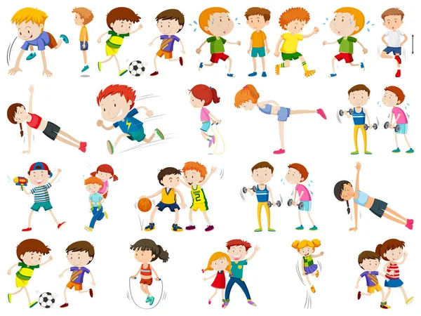 Kids exercising and being active in set — Stock Vector