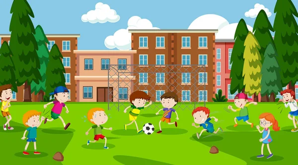 Actieve jongens en meisjes spelen sport en leuke activiteiten buiten — Stockvector
