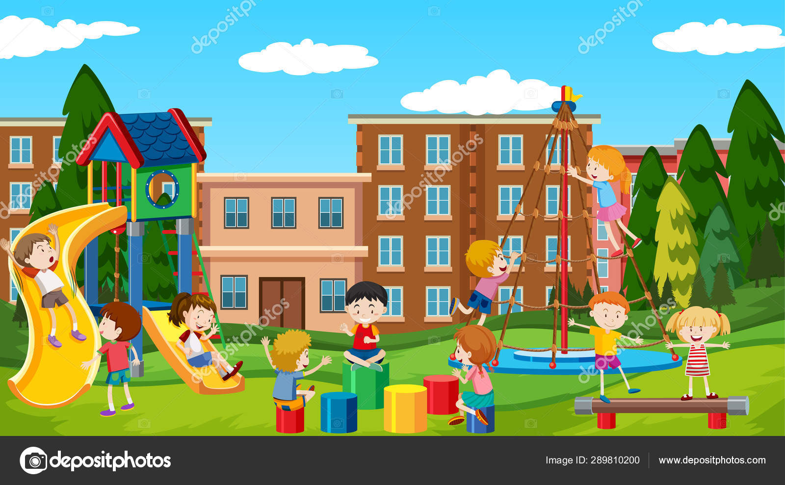 Niños y niñas activos practicando deporte y actividades divertidas al aire  libre Vector de stock #289810200 de ©blueringmedia, image size:1600x989