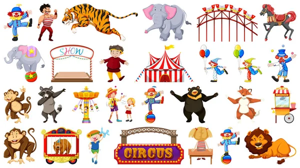 Circo con animali giostre e clown su sfondo isolato — Vettoriale Stock