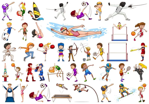 กิจกรรมกีฬาโดยเด็กผู้ชาย เด็กผู้หญิง เด็กๆ นักกีฬา — ภาพเวกเตอร์สต็อก