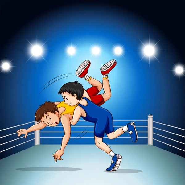 스포츠 대회에서 유도 레슬링과 싸우는 두 소년 — 스톡 벡터