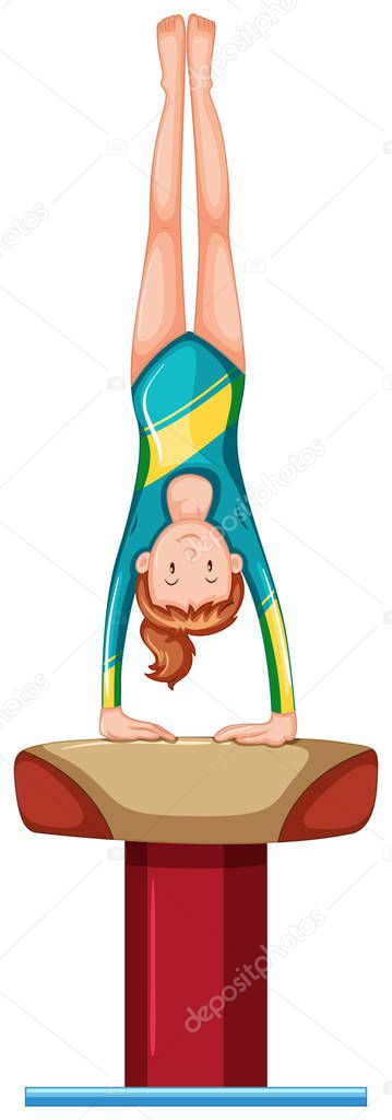 Cute gymnastics girl doing handstand on vault