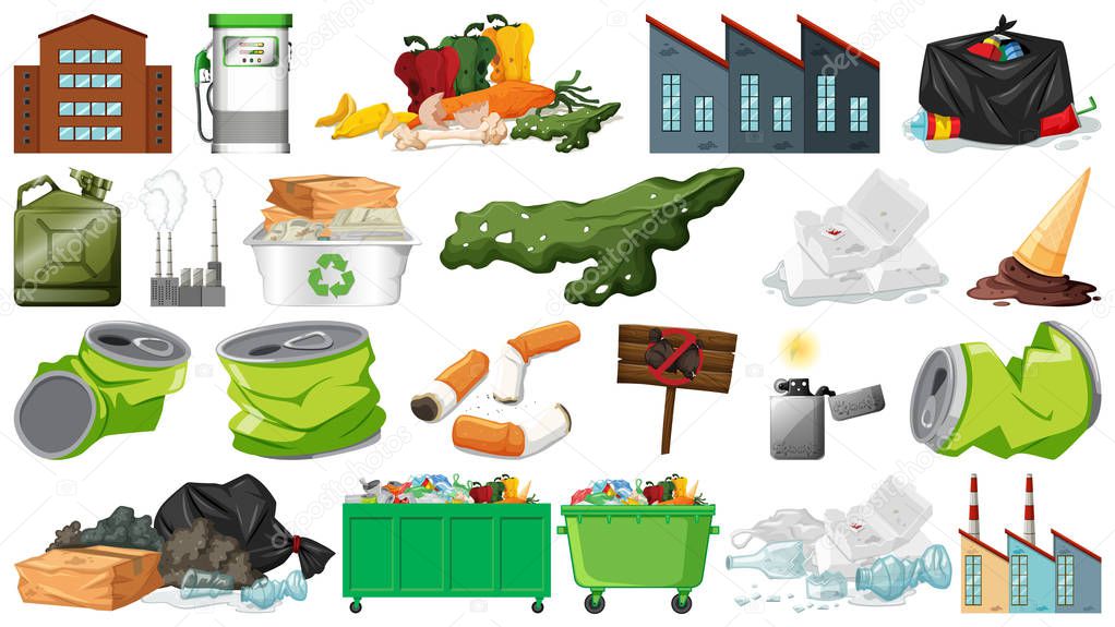 Pollution, litter, rubbish and trash objects isolated