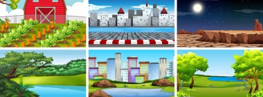 Tarım, kentsel, şehir ve çöller de dahil olmak üzere doğa sahneleri seti