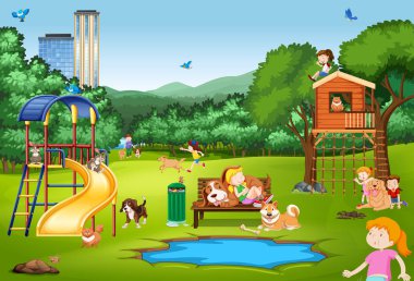 Scene with kids and animals in the park clipart