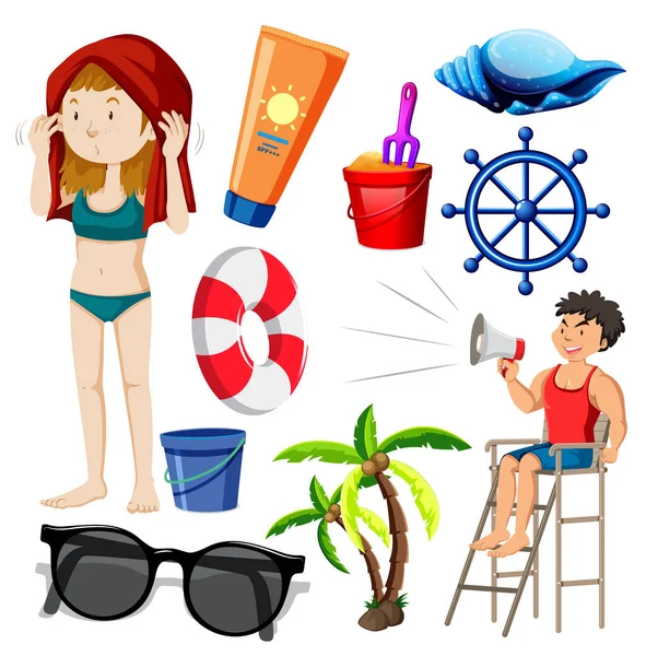Set of isolated people and beach objects — Stock Vector
