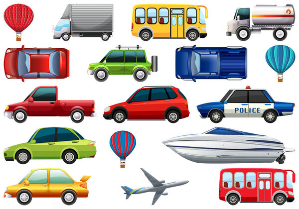 Транспортный пакет с автомобилями, грузовиками, самолетами, лодками, автобусами, воздушными шарами
