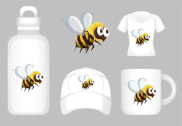 Conception graphique sur différents produits avec abeille — Image vectorielle