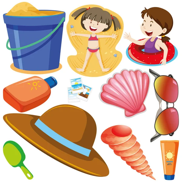 Conjunto de objetos aislados chicas temáticas en la playa — Vector de stock