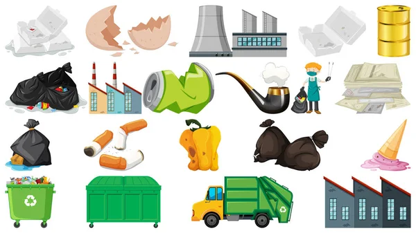 Znečištění, odpadky, odpadky a popelnice izolované — Stockový vektor