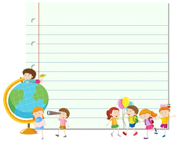 Rahmenvorlage mit glücklichen Kindern und Globus — Stockvektor
