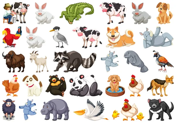 Diverso conjunto de animales aislados en blanco — Vector de stock