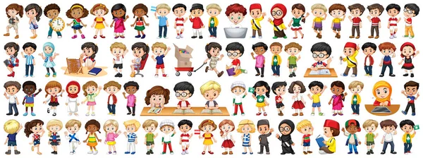 Niños con diferentes nacionalidades sobre fondo blanco — Vector de stock