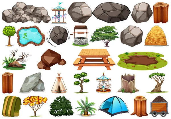 Collection of outdoor nature themed objects and plant elements — Stock Vector