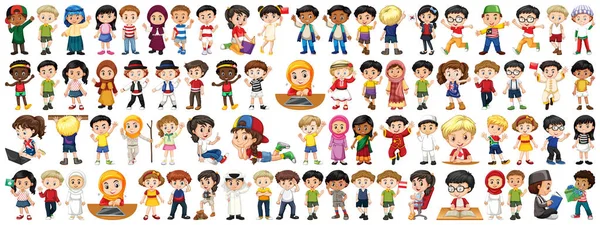 Niños con diferentes nacionalidades sobre fondo blanco — Vector de stock