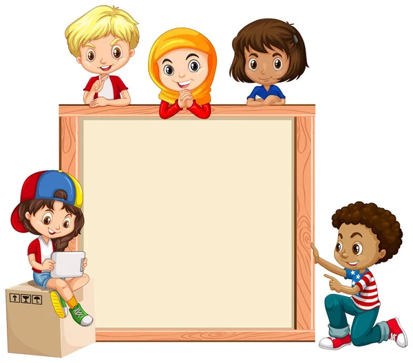 Plantilla de marco con niños felices en tablero de madera — Vector de stock