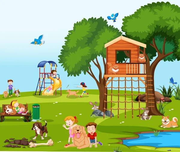 Crianças brincando com animais de estimação no parque — Vetor de Stock