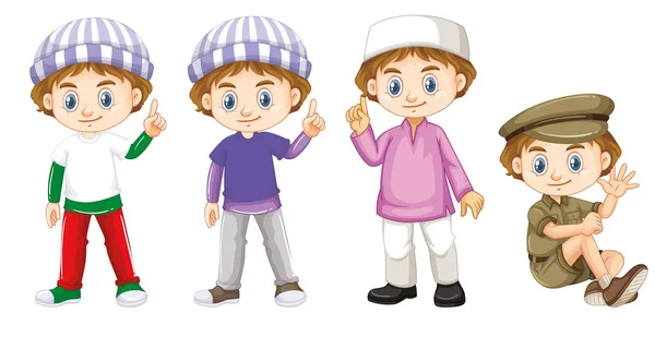 Happy boy in four different costumes — Stock Vector