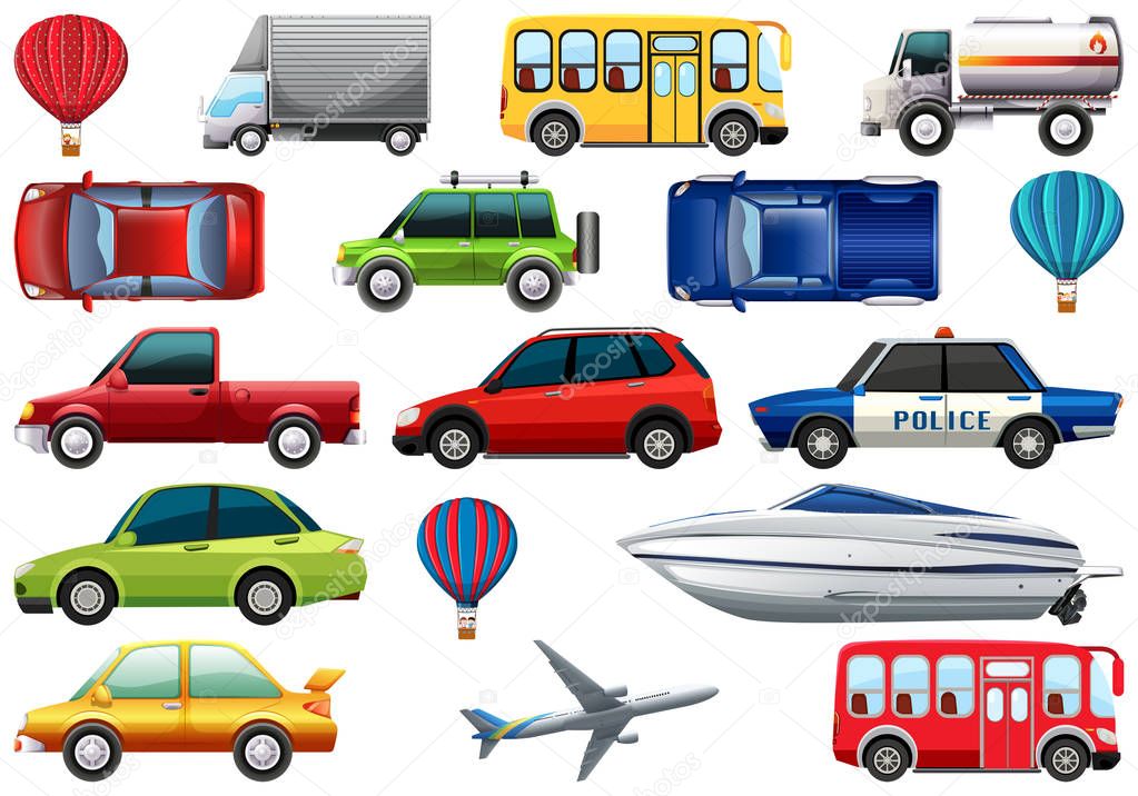 Transport pack with cars, trucks, planes, boats, bus, balloon