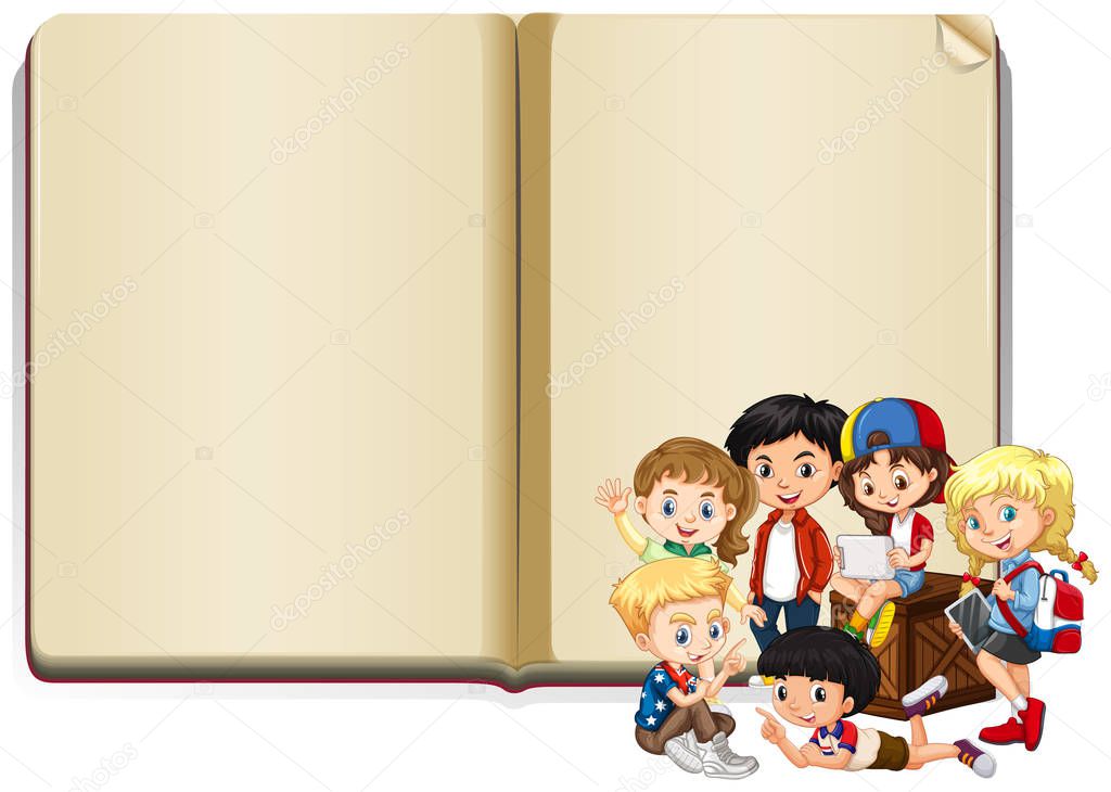 Banner template design with happy kids reading book
