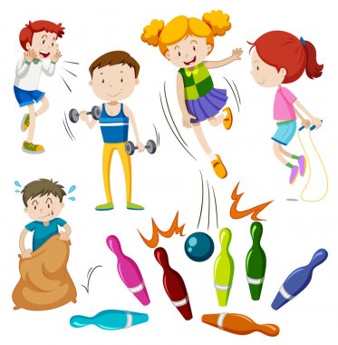 Farklı spor lar oynayan mutlu yüzlü birçok çocuk