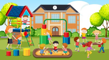 Aktif çocuklar, kızlar ve arkadaşlar açık havada spor aktiviteleri oynuyor