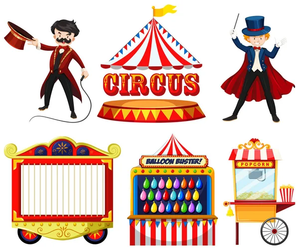 Objets à thème de cirque avec magicien, tente, cage, jeux et nourriture s — Image vectorielle