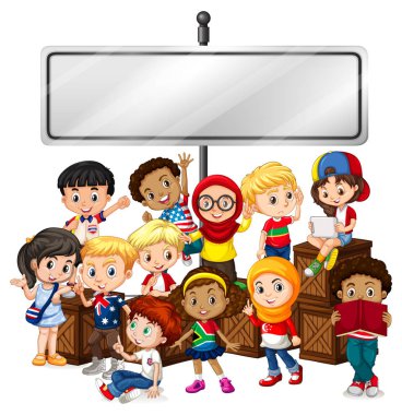 Mutlu çocuklar ve ahşap kutular ile Banner şablon tasarım