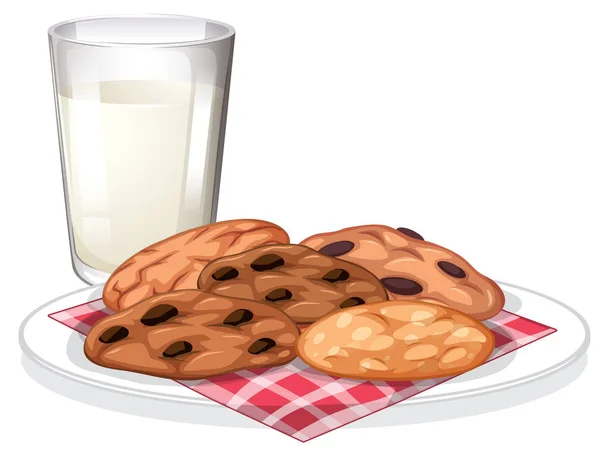 Galletas de chocolate y vaso de leche — Vector de stock