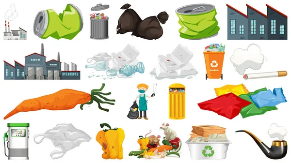 Znečištění, odpadky, odpadky a popelnice izolované — Stockový vektor